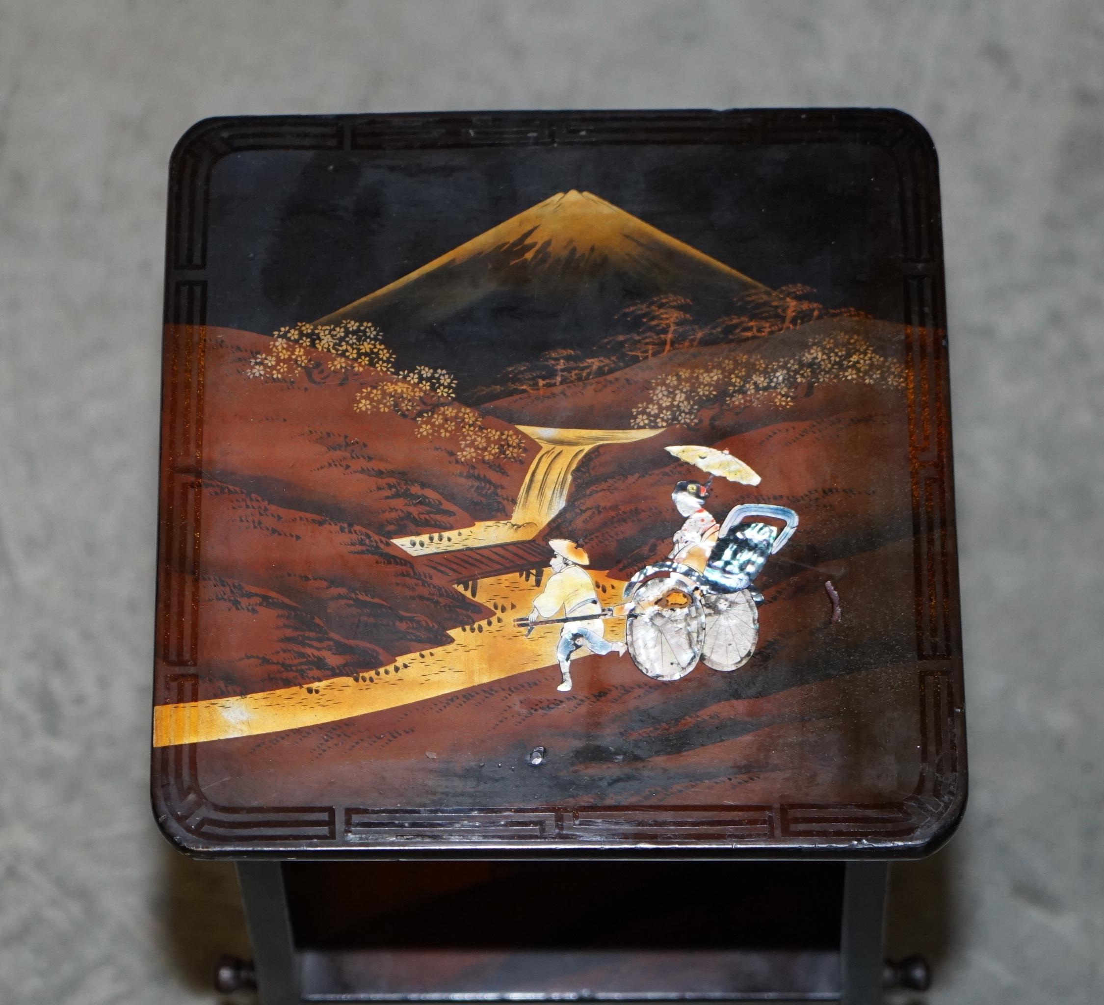 Late Victorian Antique circa 1900 Japanese Shibayama Inlaid Side Table Depicting Rickshaw Scene For Sale
