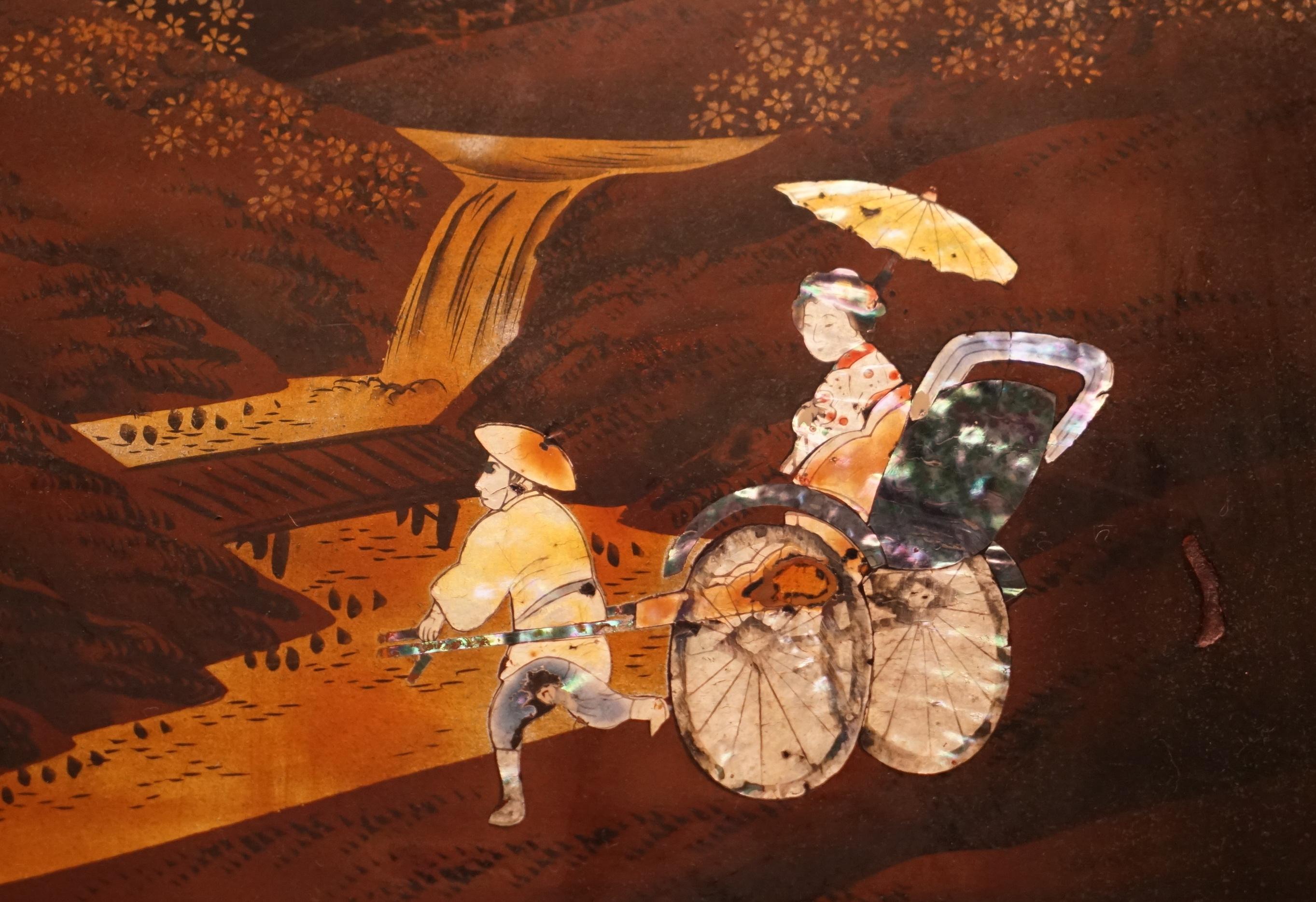 Hand-Crafted Antique circa 1900 Japanese Shibayama Inlaid Side Table Depicting Rickshaw Scene For Sale