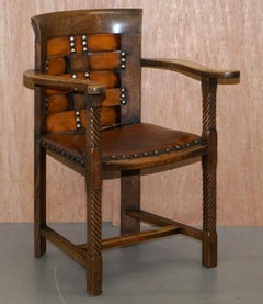ANTiQUE CIRCA 1900 LEONARD WYBURN FOR LIBERTY OF LONDON OAK & LEATHER ARMCHAIR