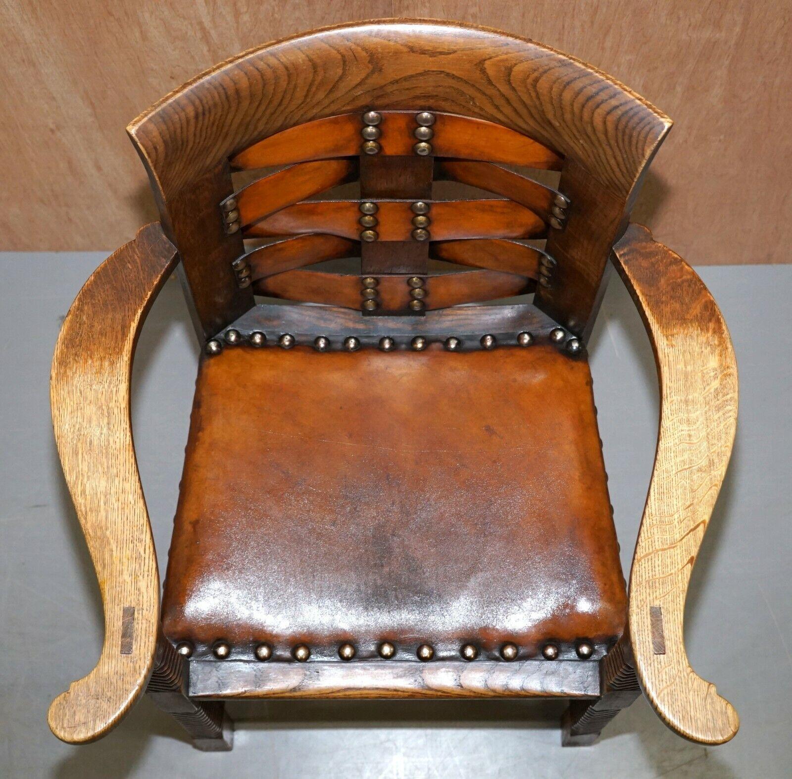 Hand-Crafted ANTiQUE CIRCA 1900 LEONARD WYBURN FOR LIBERTY OF LONDON OAK & LEATHER ARMCHAIR