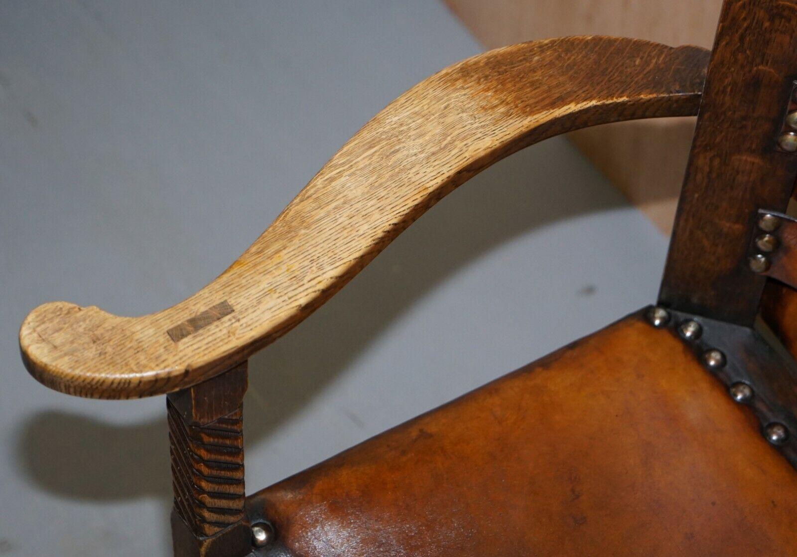 Leather ANTiQUE CIRCA 1900 LEONARD WYBURN FOR LIBERTY OF LONDON OAK & LEATHER ARMCHAIR