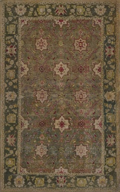 Antique Circa-1900 Moss-Green Wool Hand-Knotted Indian Agra Rug