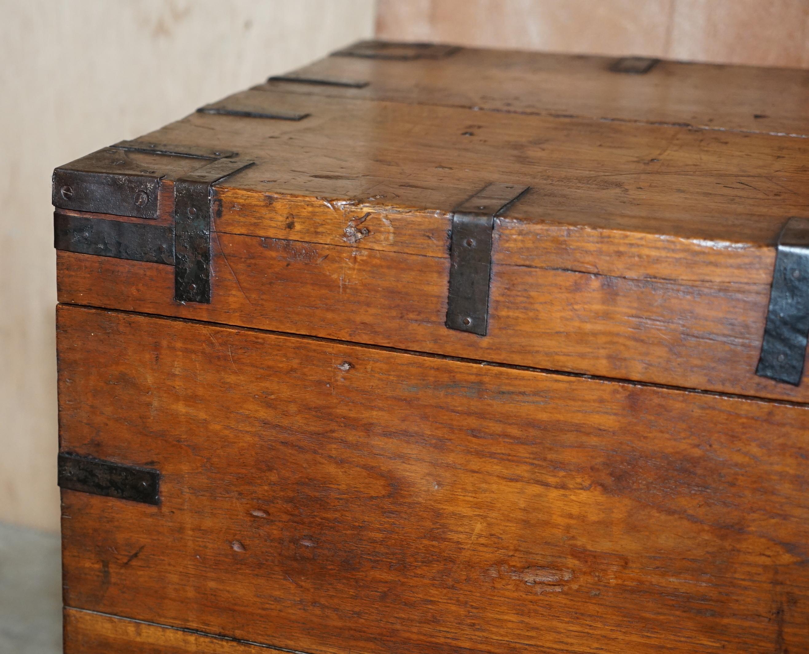 Antique circa 1900 Oak & Iron Zink Lined Steamer Travel Trunk Ideal Coffee Table 5