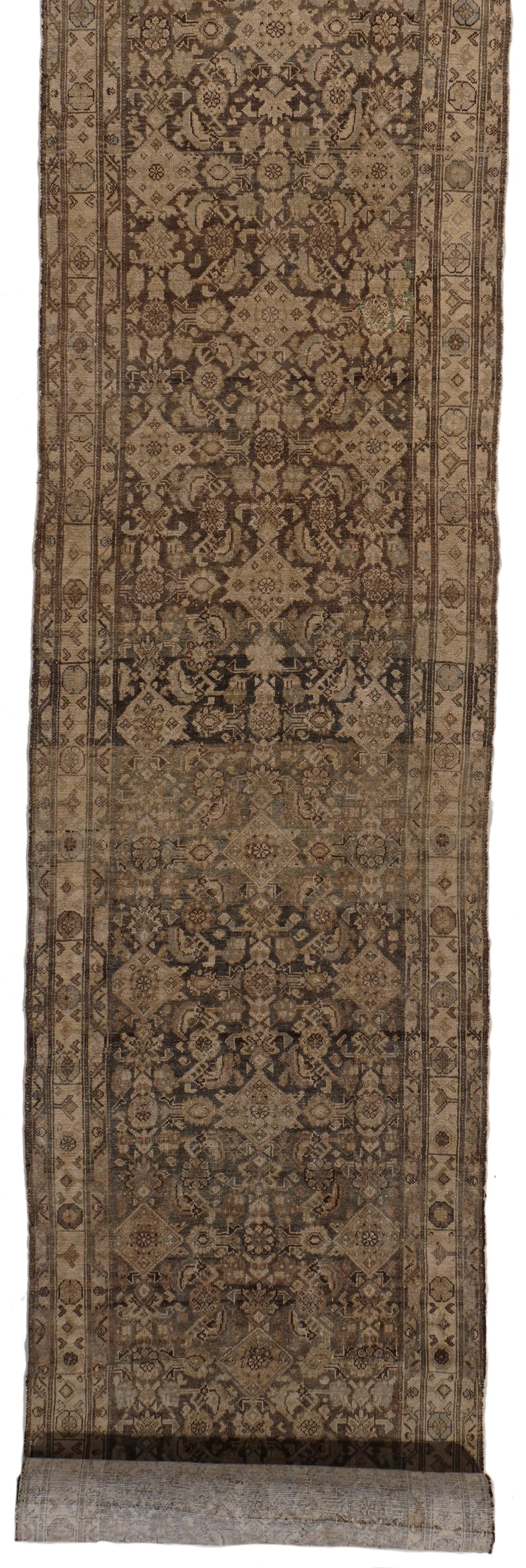 Antique Circa 1900 Taupe Subdued Persian Malayer Hand Knotted Runner 3'4 x 27'7 en vente 1