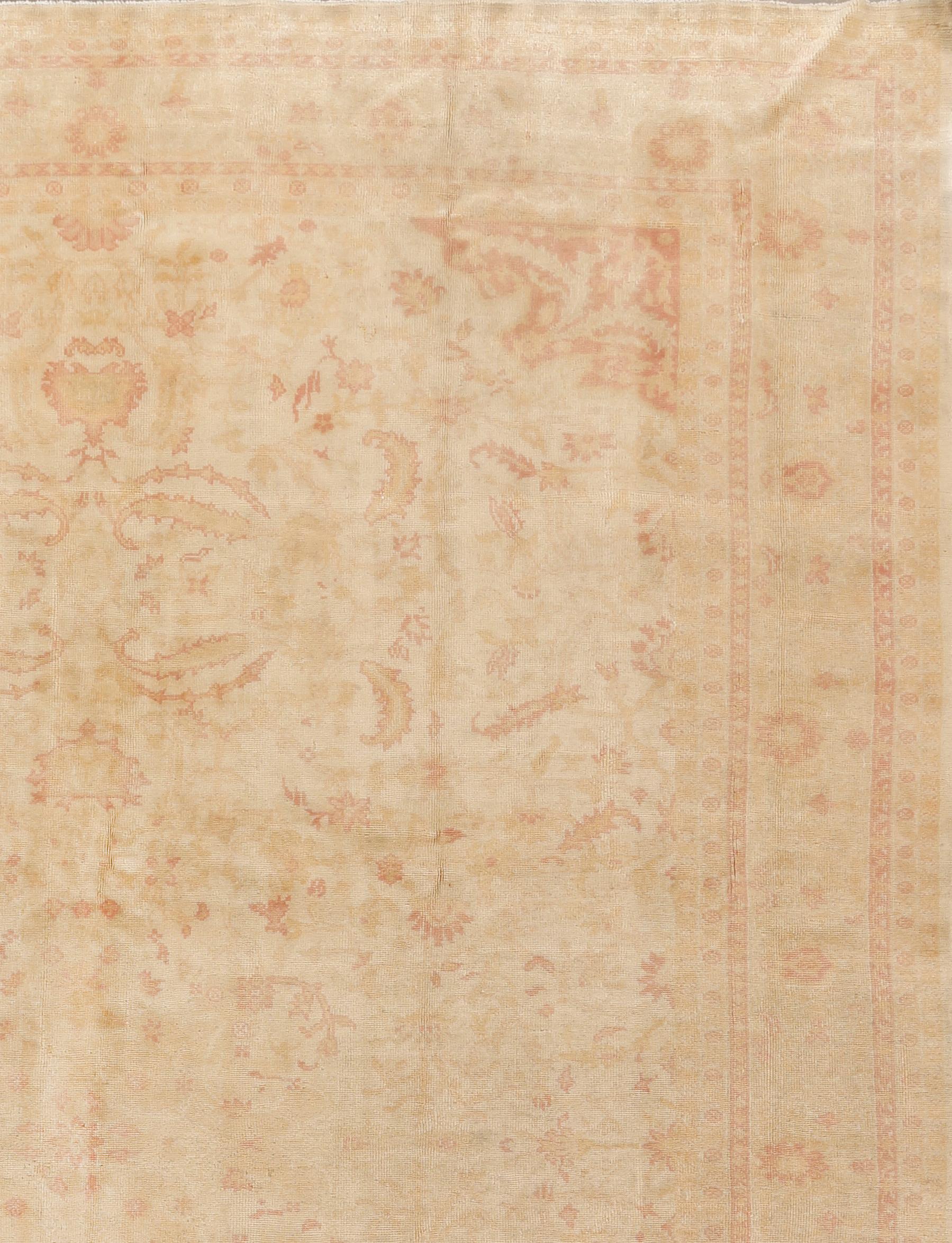 Antique Turkish Oushak Rug 9'4 x 12'9. Oushak's are known for their soft palettes combined with eccentric drawing. Oushak in western Turkey has the longest continuous rug weaving history, stretching back at least to the mid-fifteenth century. It has