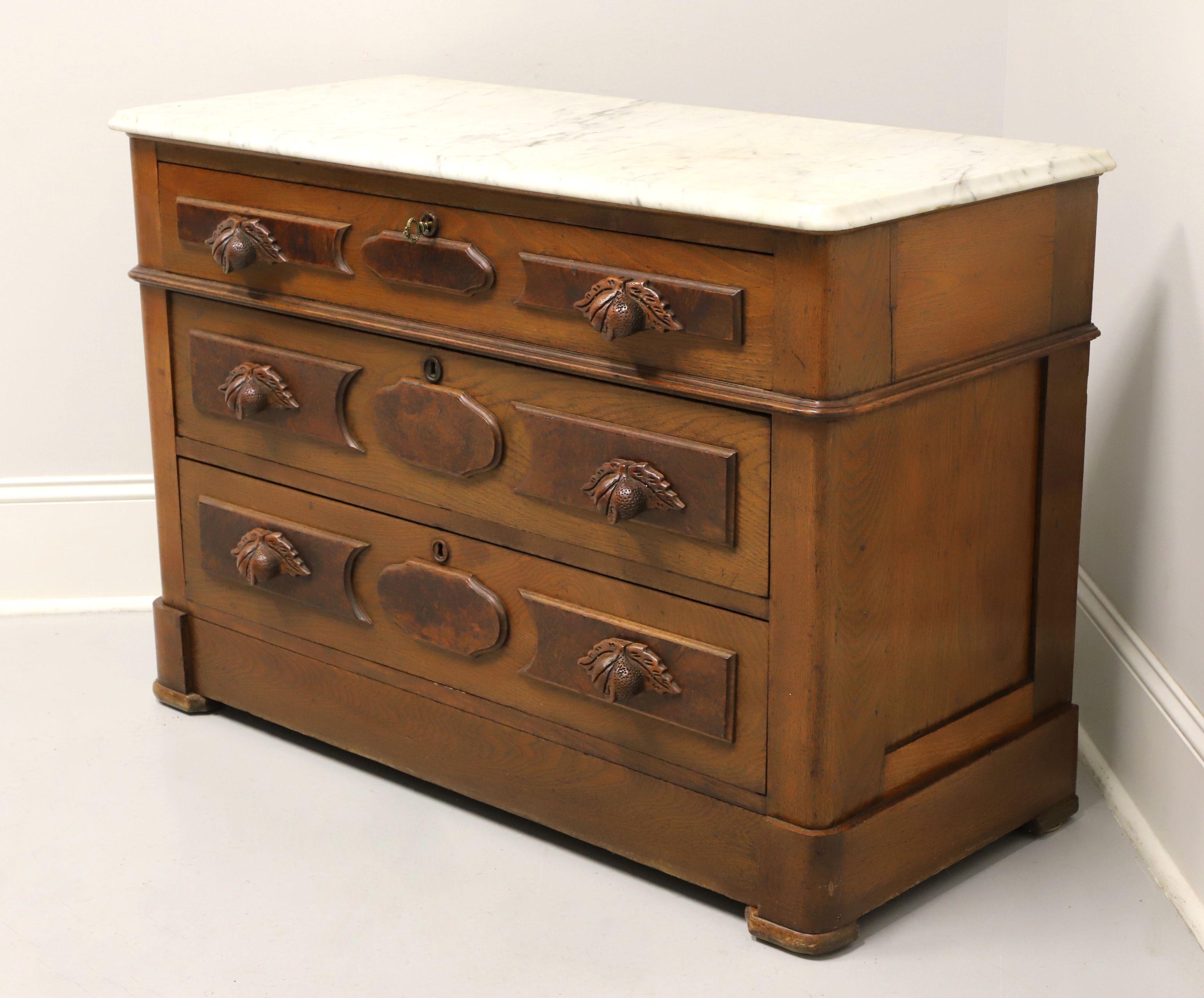 Antique Circa 1900 Victorian Burl Walnut Marble Top Four-Drawer Chest In Good Condition In Charlotte, NC
