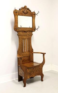Antique Circa 1900 Victorian Period Tiger Oak Hall Tree with Chair Bench