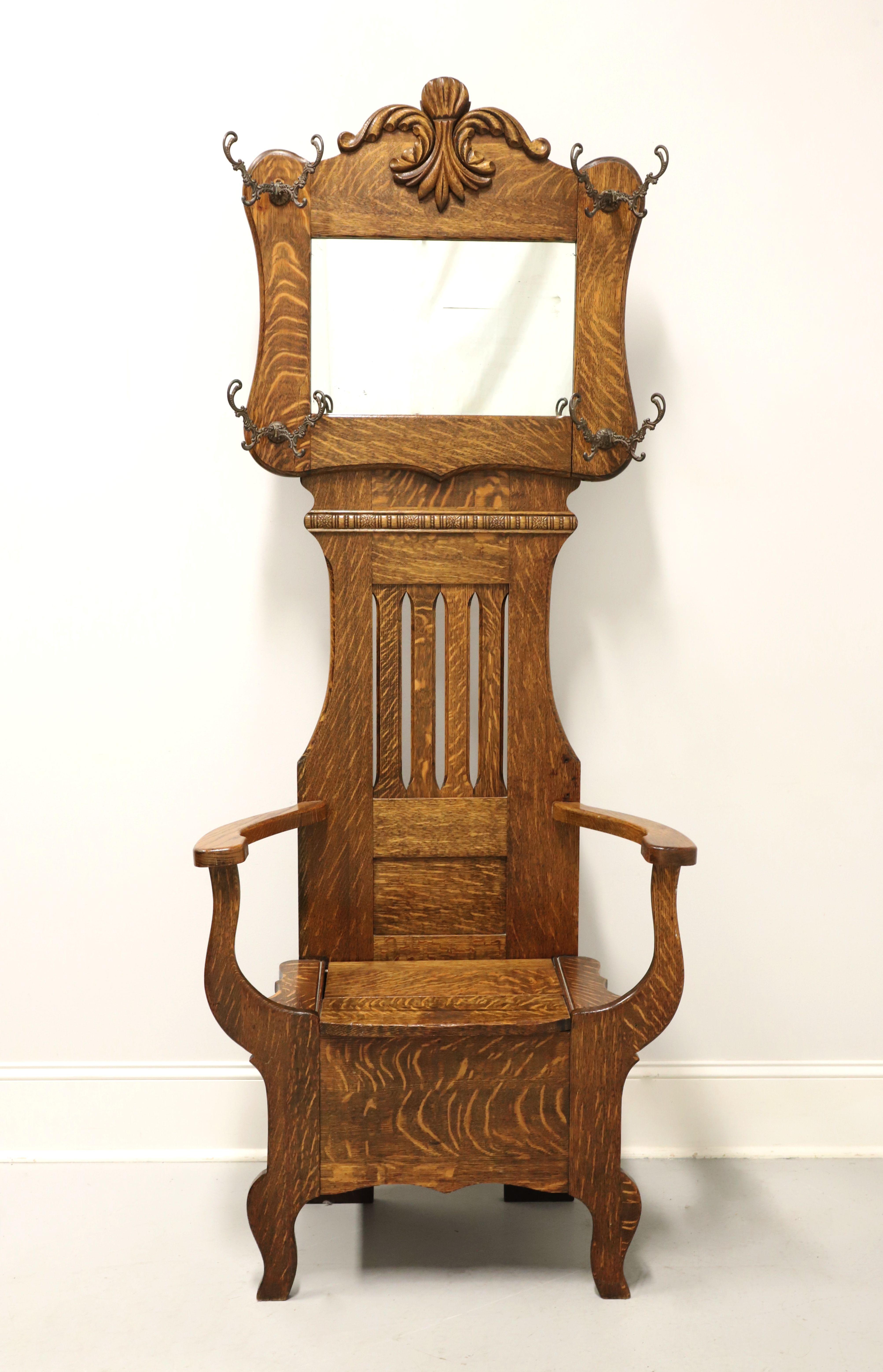 Antique Circa 1900 Victorian Period Tiger Oak Hall Tree with Chair Bench For Sale 4