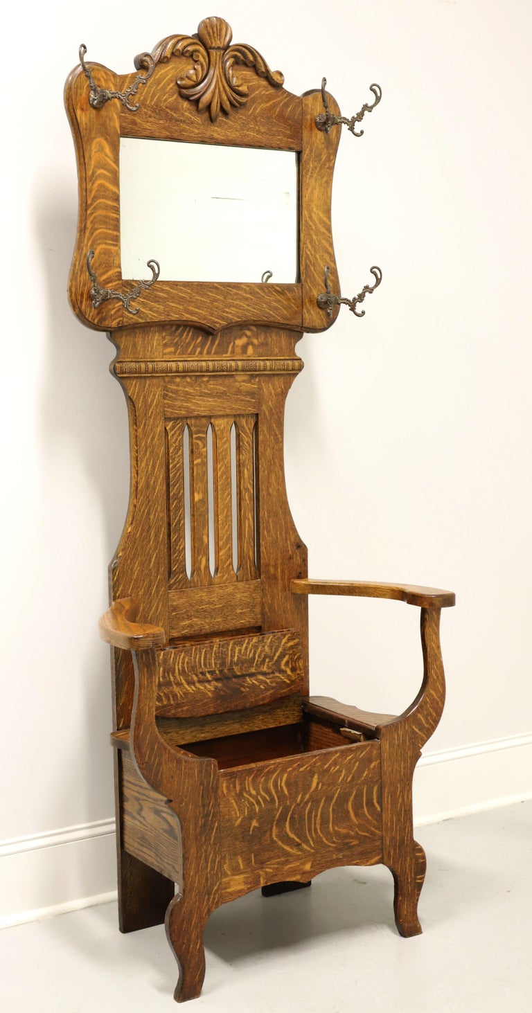 Antique Circa 1900 Victorian Period Tiger Oak Hall Tree with Chair