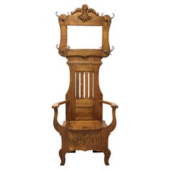 Antique Circa 1900 Victorian Period Tiger Oak Hall Tree with Chair Bench