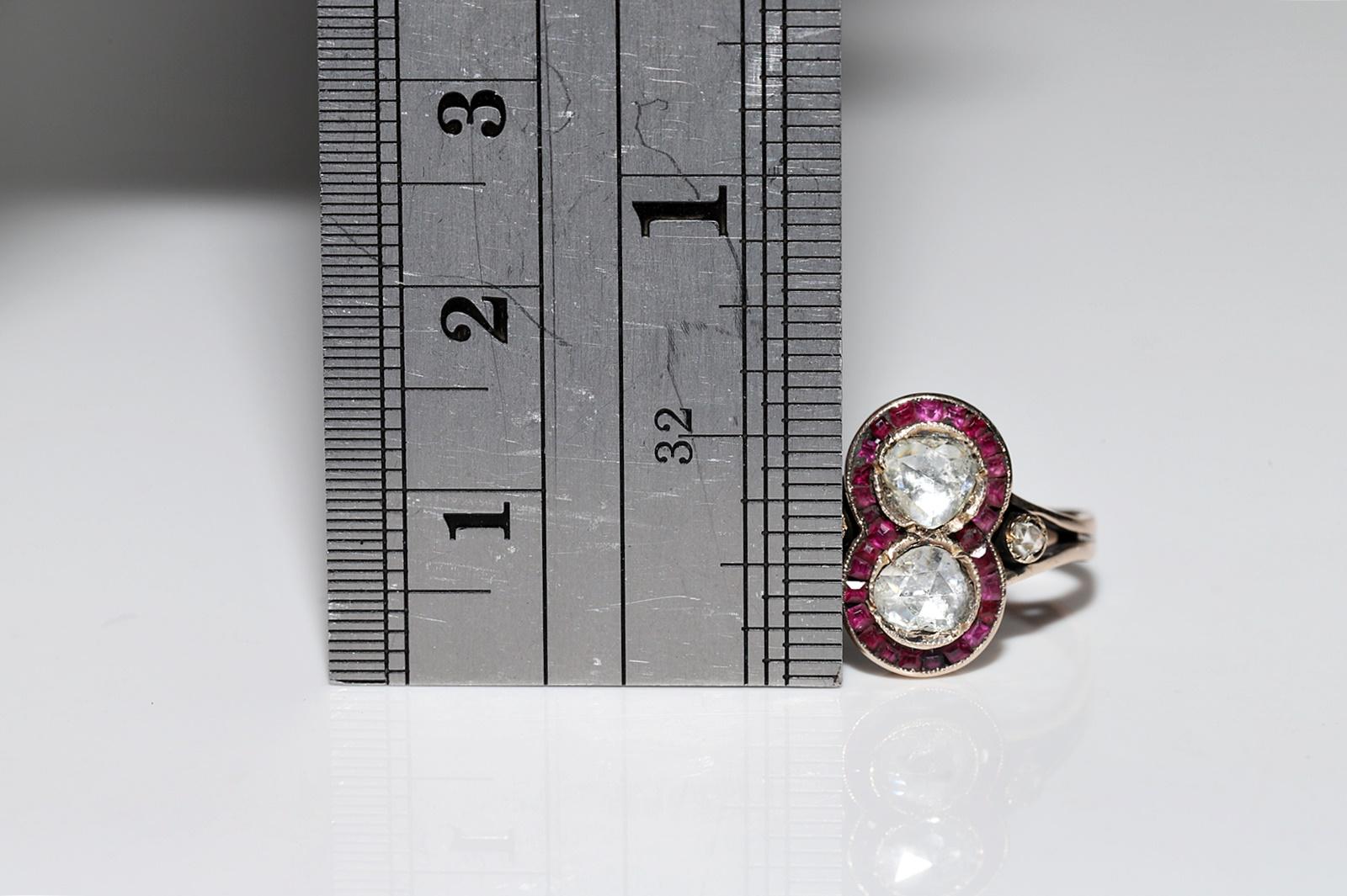 Antike CIRCA 1900s 10k Gold natürlichen Rosenschliff Diamant und Kaliber Rubin Ring im Angebot 7