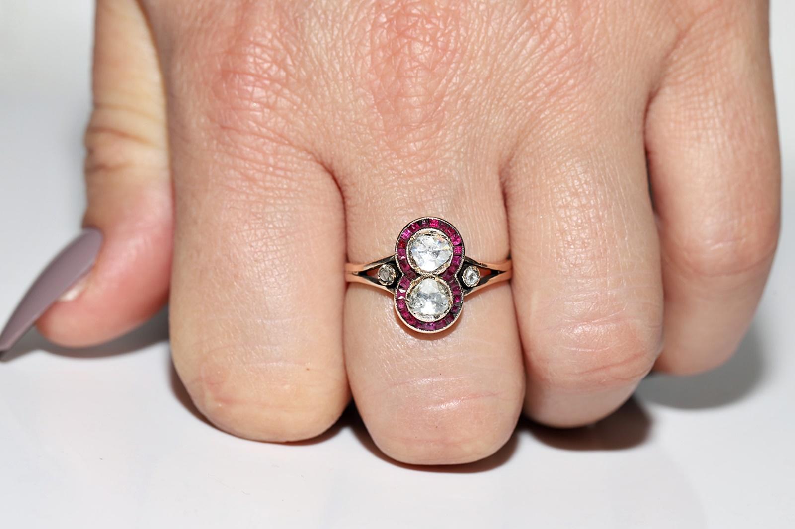 Victorian Antique Circa 1900s 10k Gold Natural Rose Cut Diamond And Caliber Ruby Ring For Sale