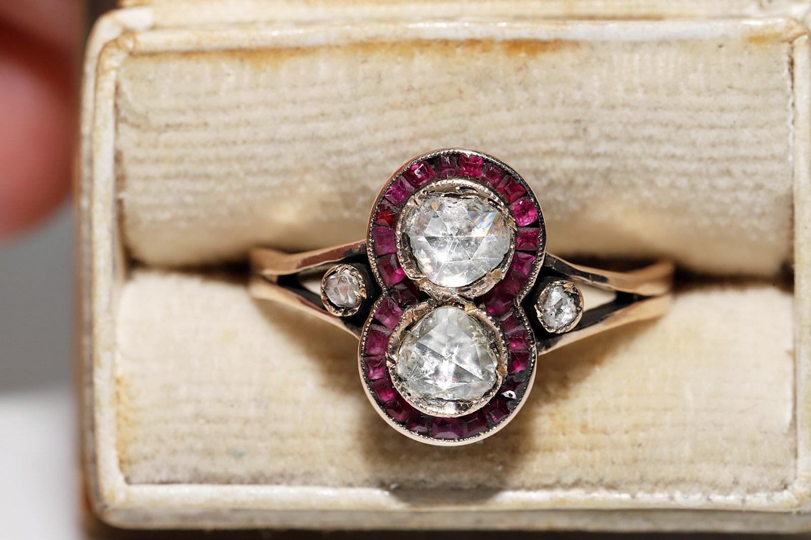 Women's Antique Circa 1900s 10k Gold Natural Rose Cut Diamond And Caliber Ruby Ring For Sale