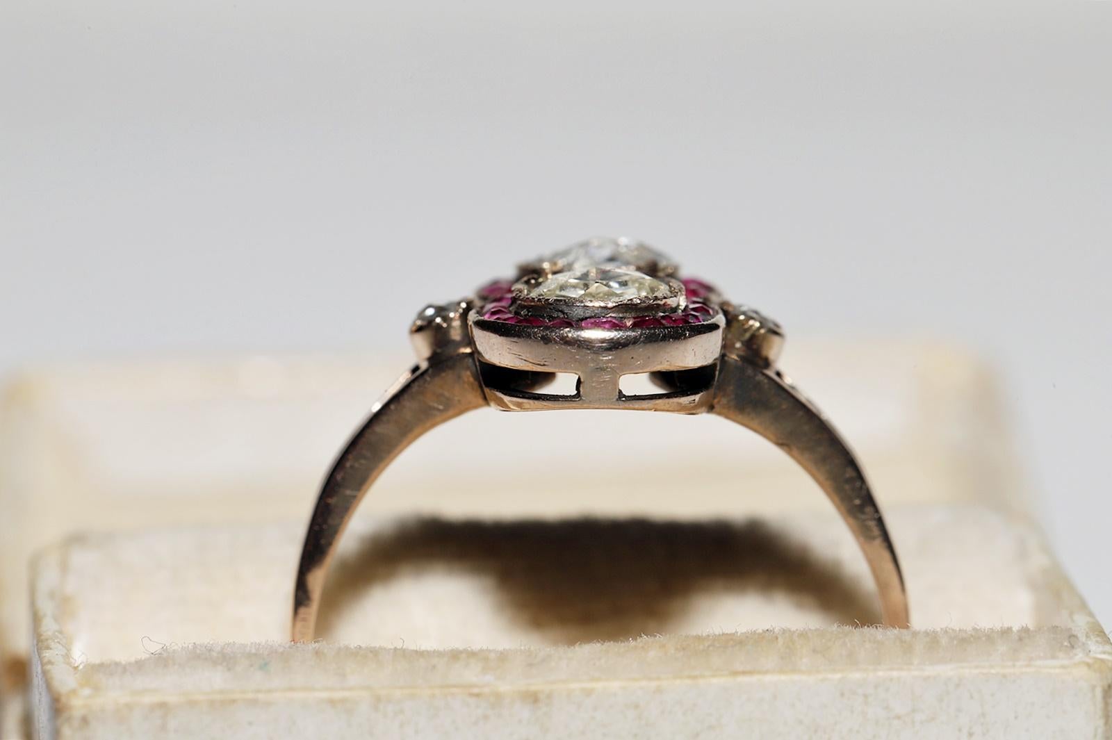 Antique Circa 1900s 10k Gold Natural Rose Cut Diamond And Caliber Ruby Ring For Sale 1