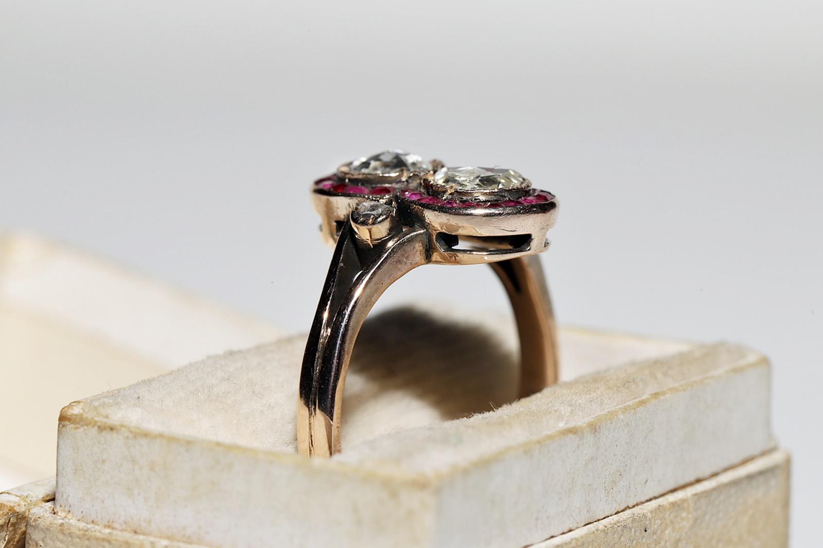 Antique Circa 1900s 10k Gold Natural Rose Cut Diamond And Caliber Ruby Ring For Sale 2