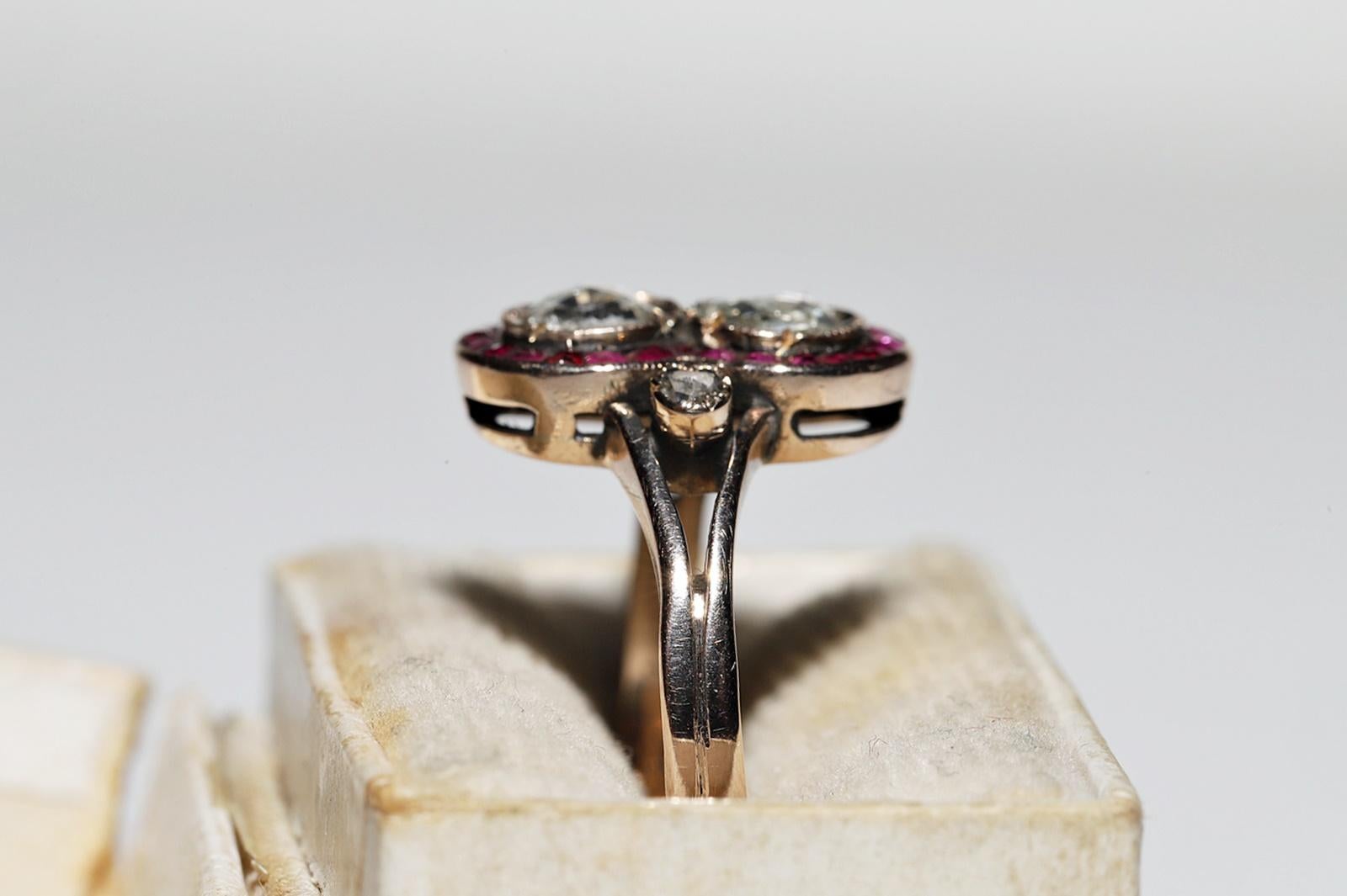 Antique Circa 1900s 10k Gold Natural Rose Cut Diamond And Caliber Ruby Ring For Sale 3