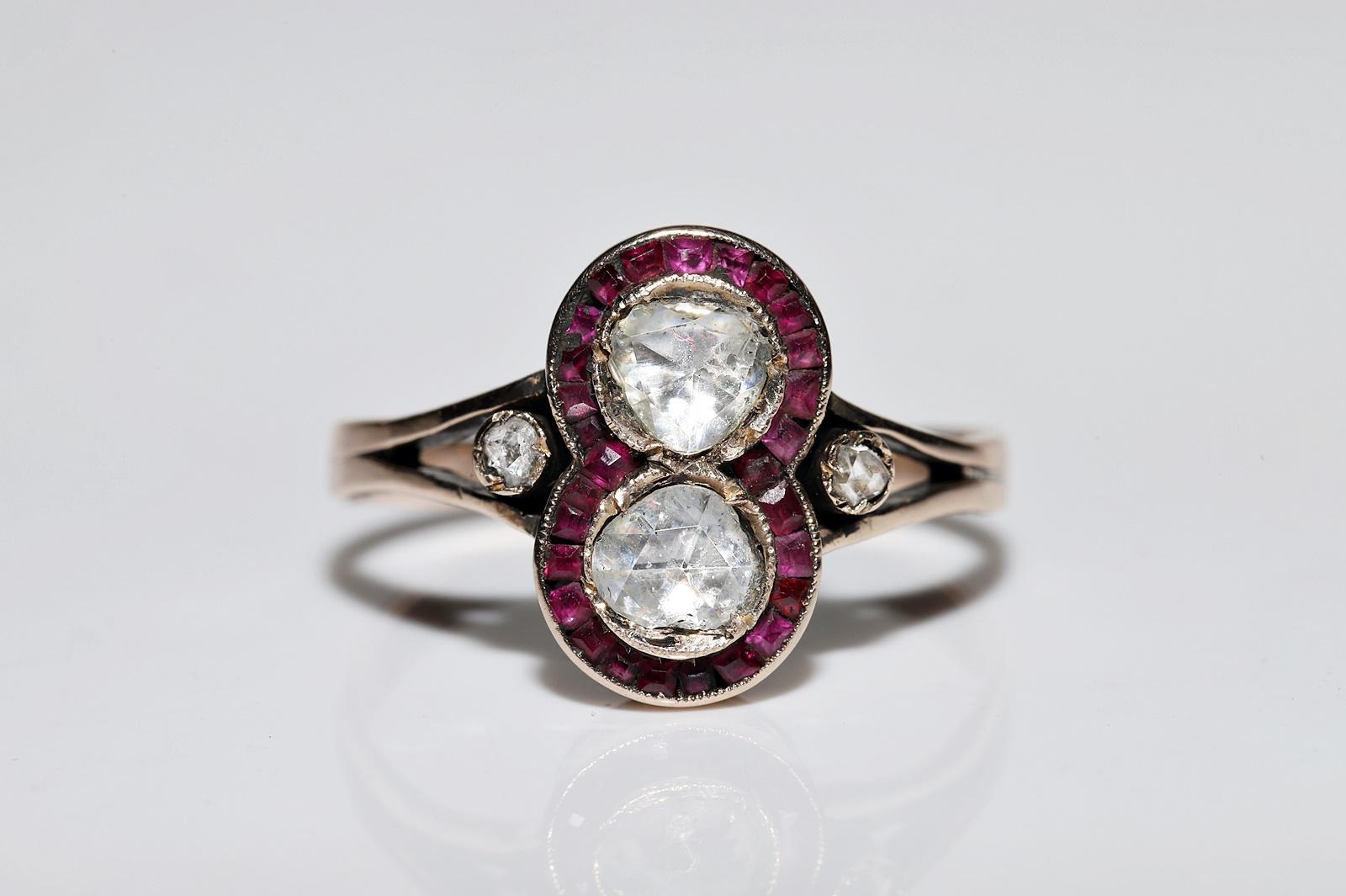 Antique Circa 1900s 10k Gold Natural Rose Cut Diamond And Caliber Ruby Ring For Sale 4