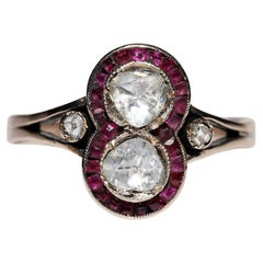 Bague ancienne des années 1900 en or 10 carats, diamant naturel taille rose et rubis calibré