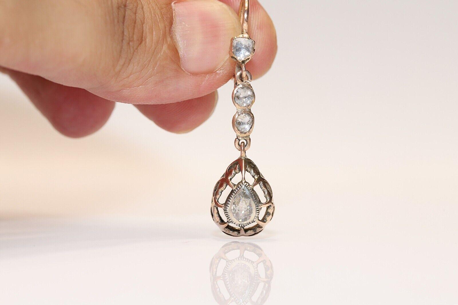 Antike CIRCA 1900s 10k Gold natürlichen Rosenschliff Diamant dekoriert Tropfen Ohrring  im Angebot 6