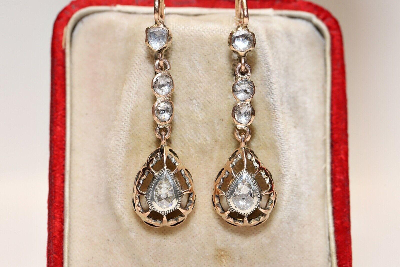Antique Circa 1900s 10k Gold Natural Rose Cut Diamond Decorated Drop Earring  For Sale 2