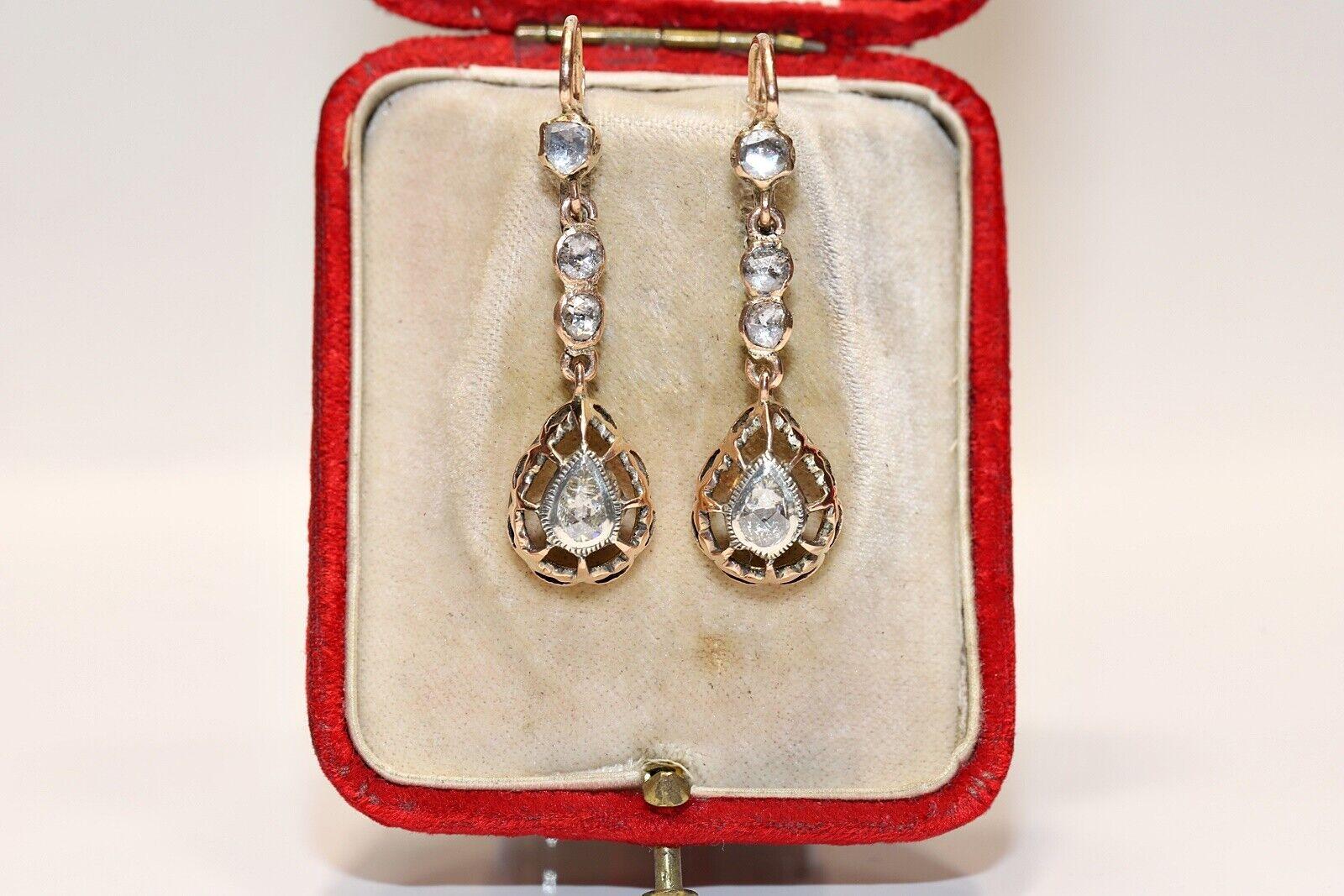 Antike CIRCA 1900s 10k Gold natürlichen Rosenschliff Diamant dekoriert Tropfen Ohrring  im Angebot 3