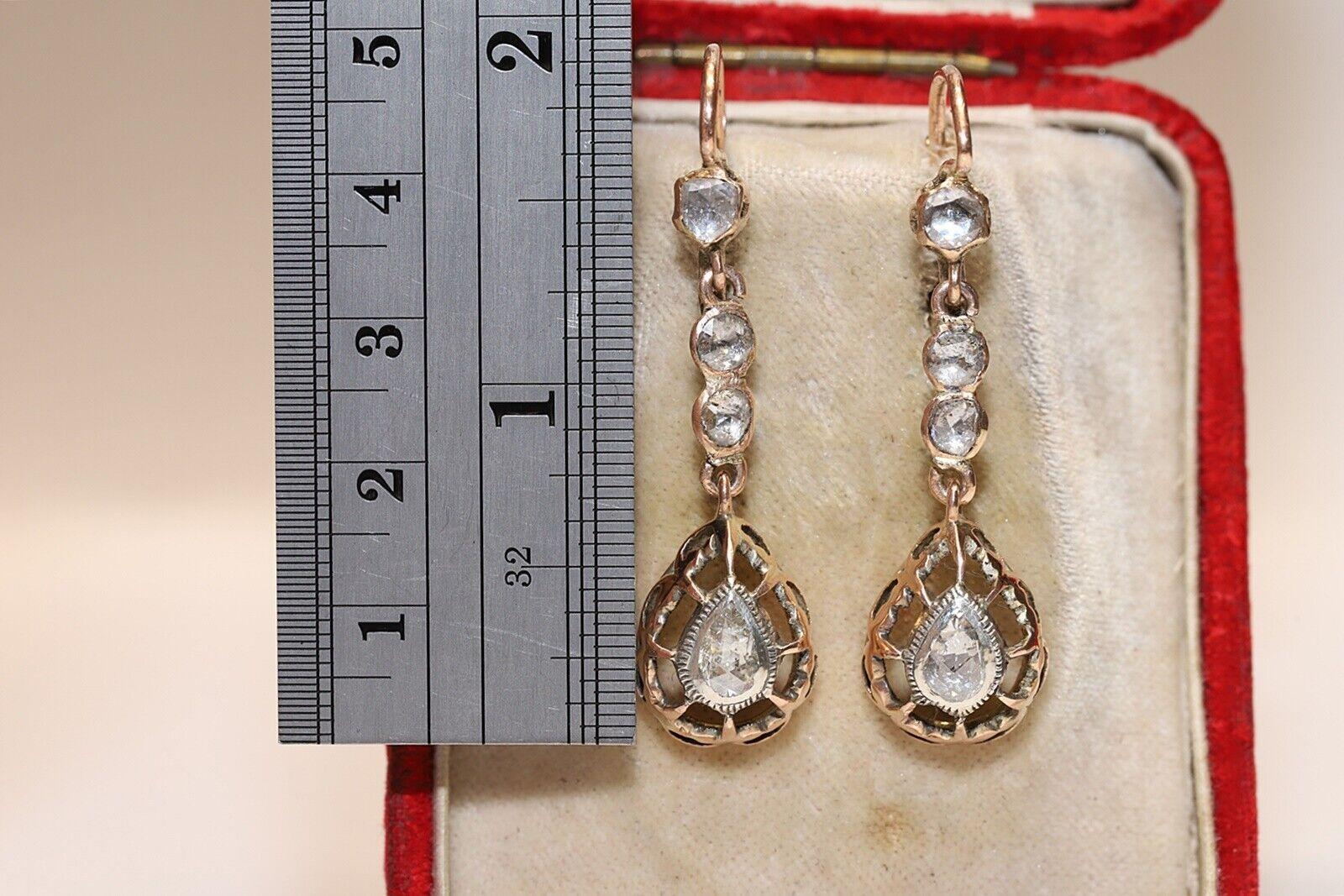 Antique Circa 1900s 10k Gold Natural Rose Cut Diamond Decorated Drop Earring  For Sale 4