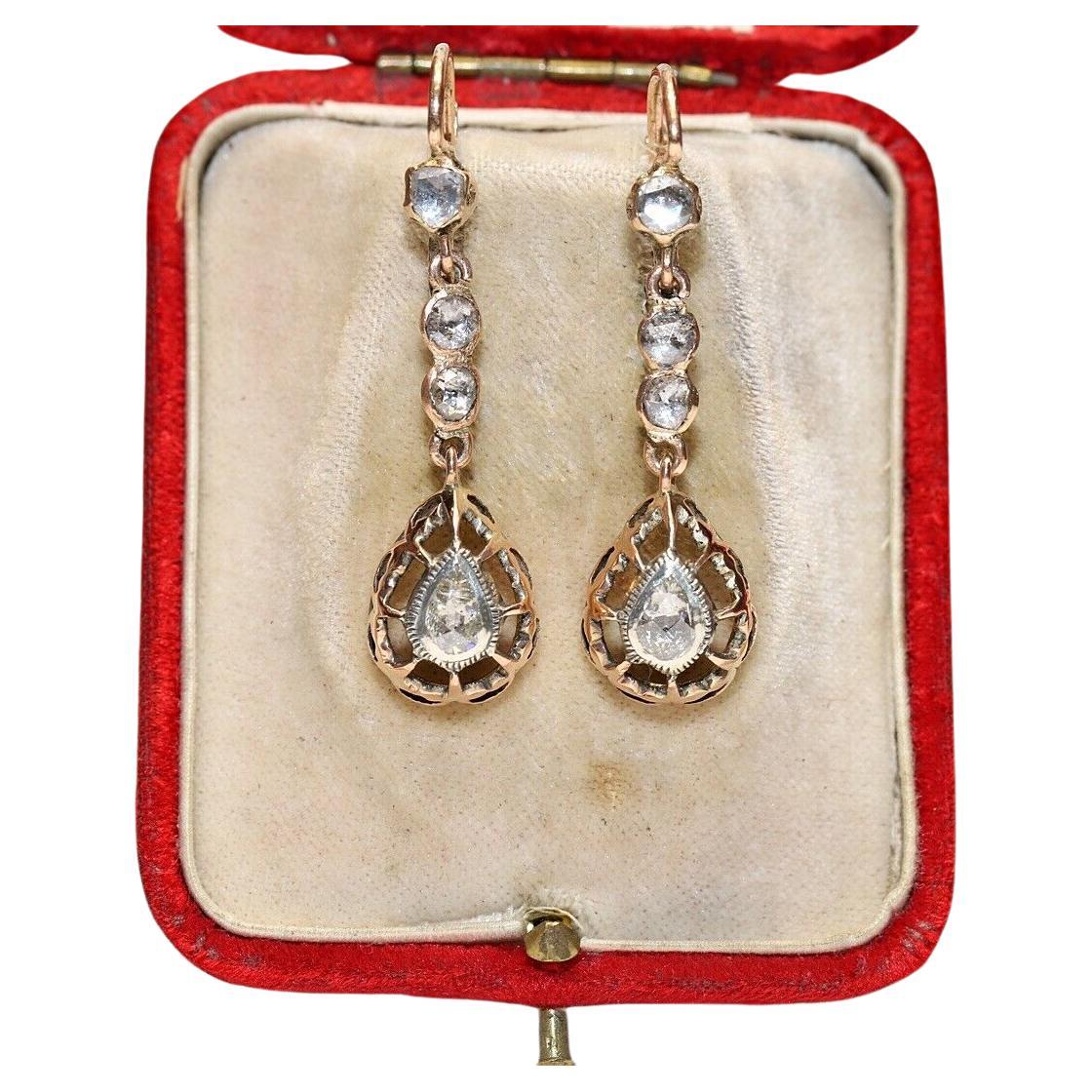 Antique Circa 1900s 10k Gold Natural Rose Cut Diamond Decorated Drop Earring  For Sale