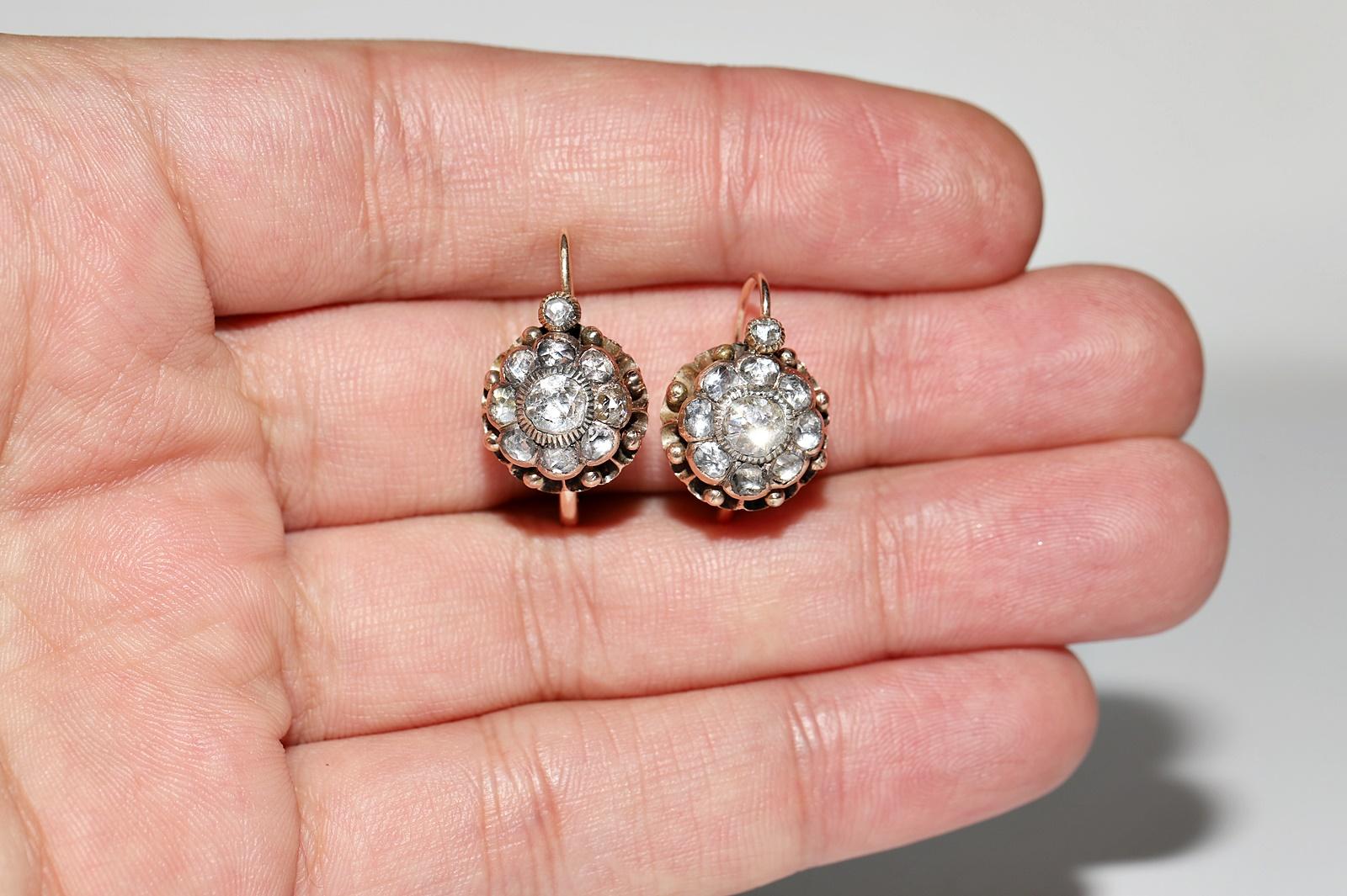 Antique Circa 1900s 10k Gold Natural Rose Cut Diamond Decorated Earring  For Sale 9