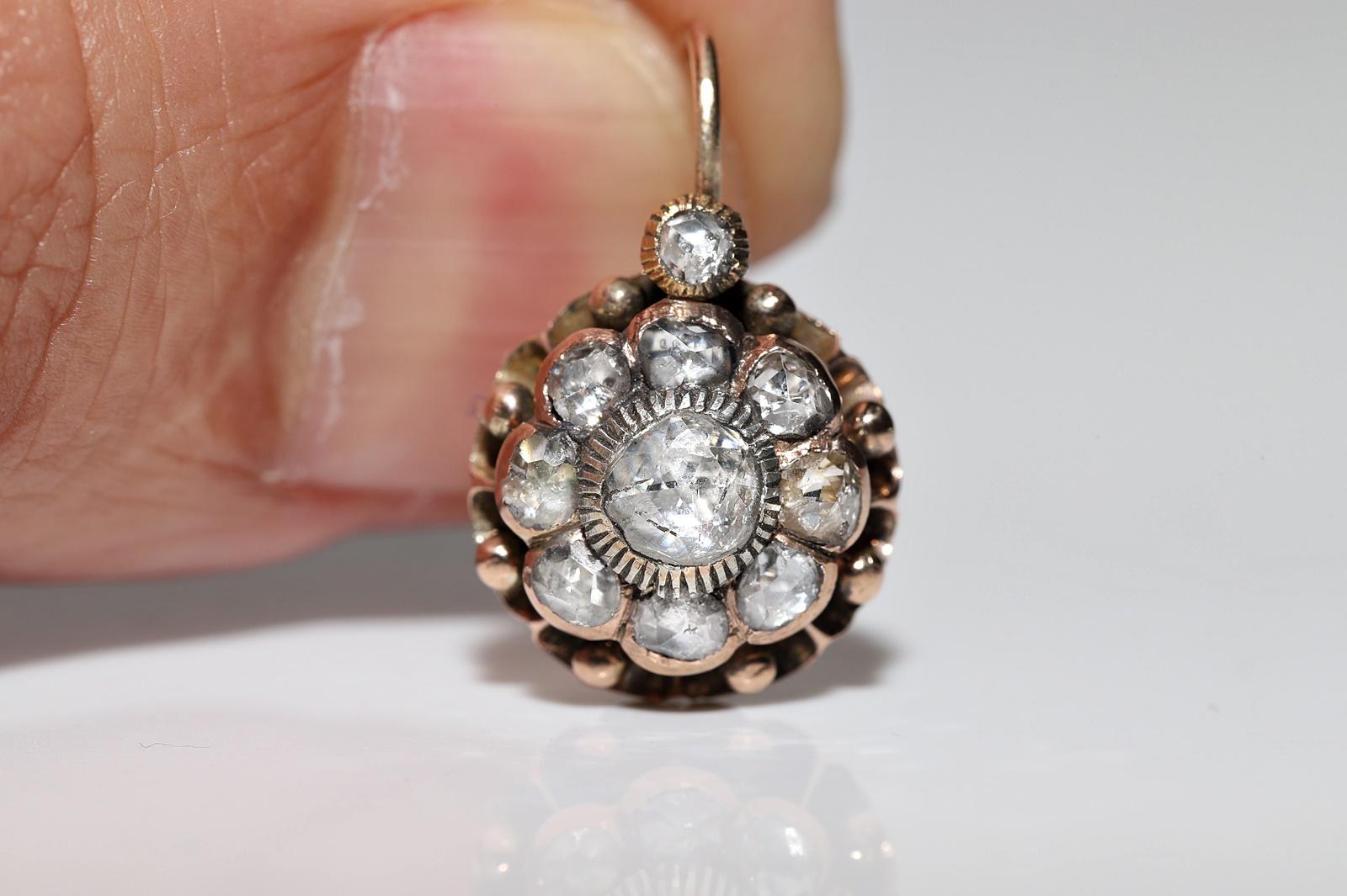 Antiker Ohrring, um 1900er Jahre, 10 Karat Gold, natürlicher Diamant im Rosenschliff, dekoriert  im Angebot 1