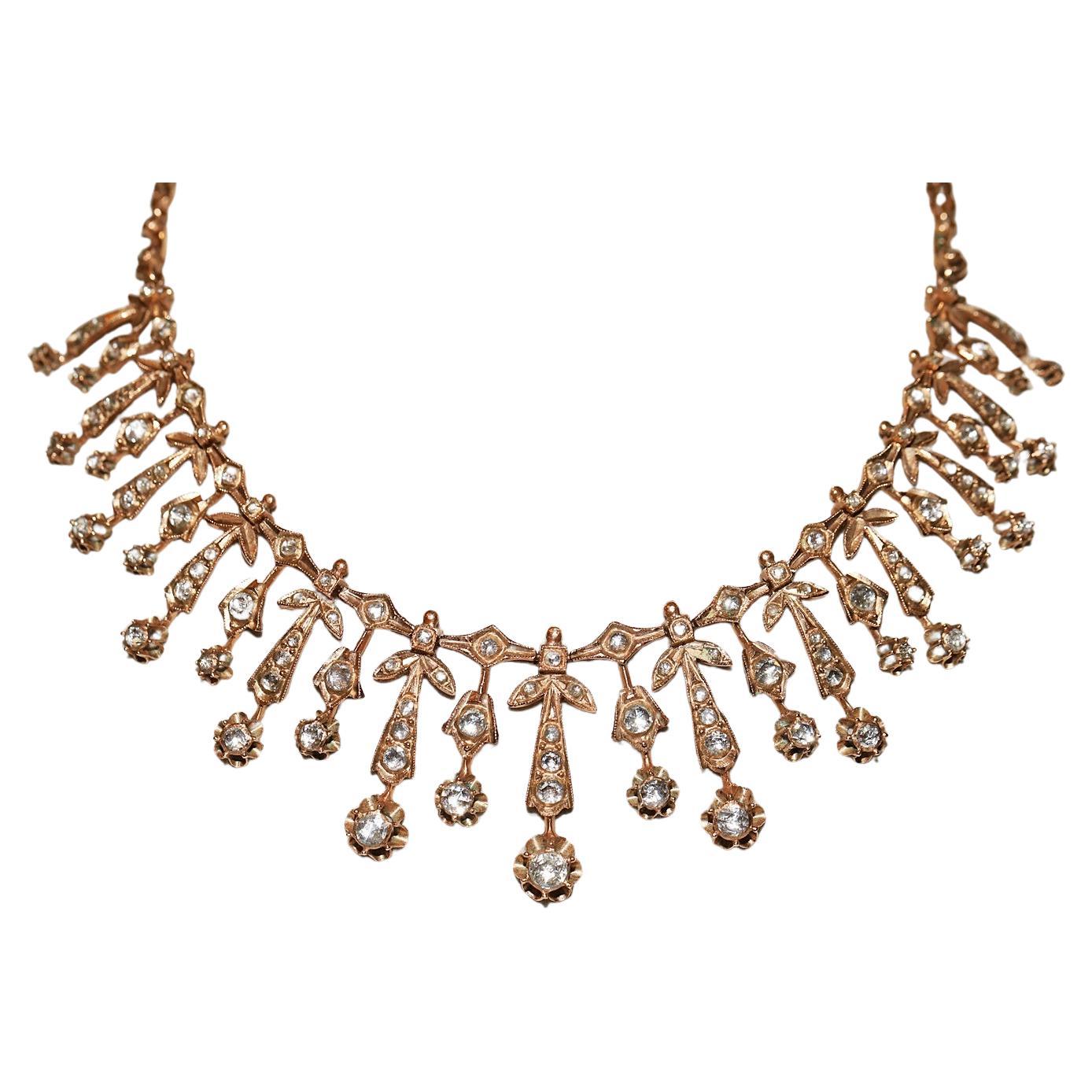 Antique  Circa 1900s 10k Gold Natural Rose Cut Diamond Decorated Necklace