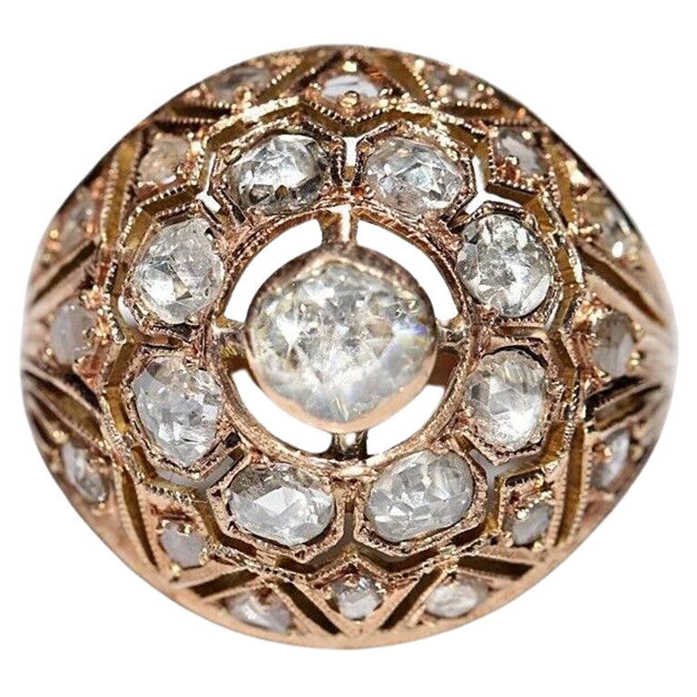 Bague ancienne des années 1900 en or 10 carats décorée de diamants naturels taille rose