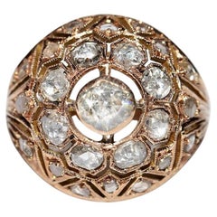 Bague ancienne des années 1900 en or 10 carats décorée de diamants naturels taille rose