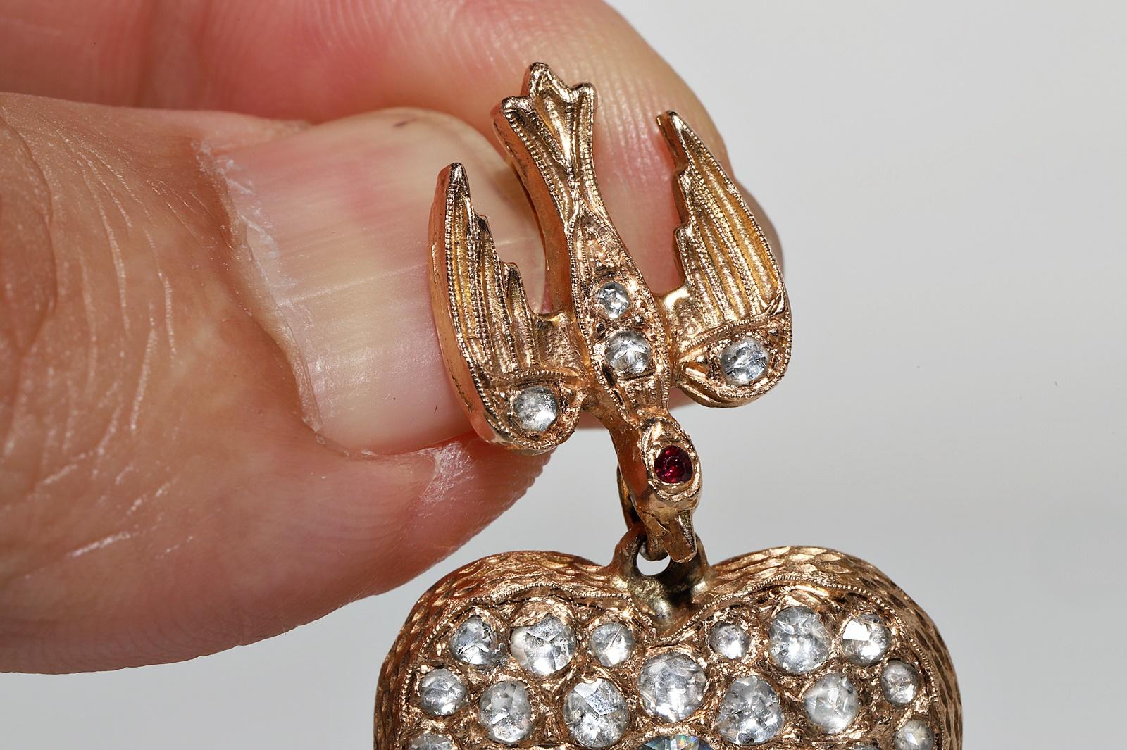 Women's Antique Circa 1900s 10k Gold Natural Rose Cut Diamond Heart Bird Pendant For Sale