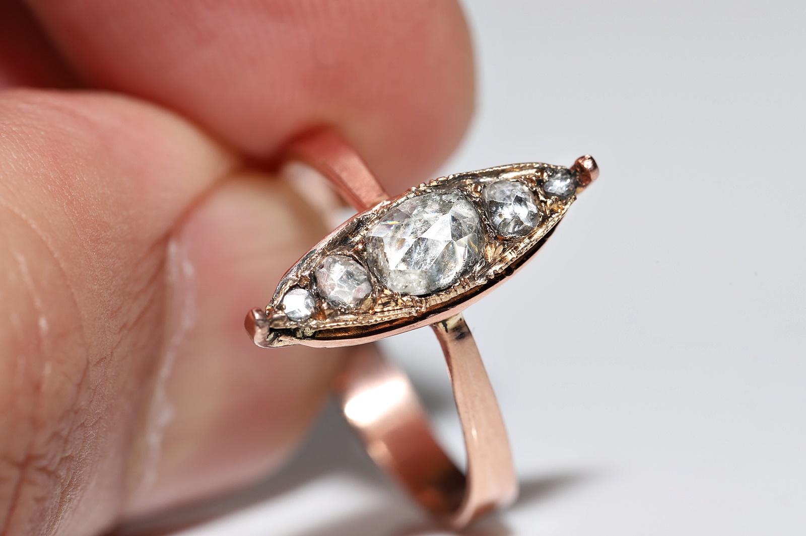 Antique Circa 1900s 10K Gold Natural Rose Cut Diamond Navette Ring  For Sale 8