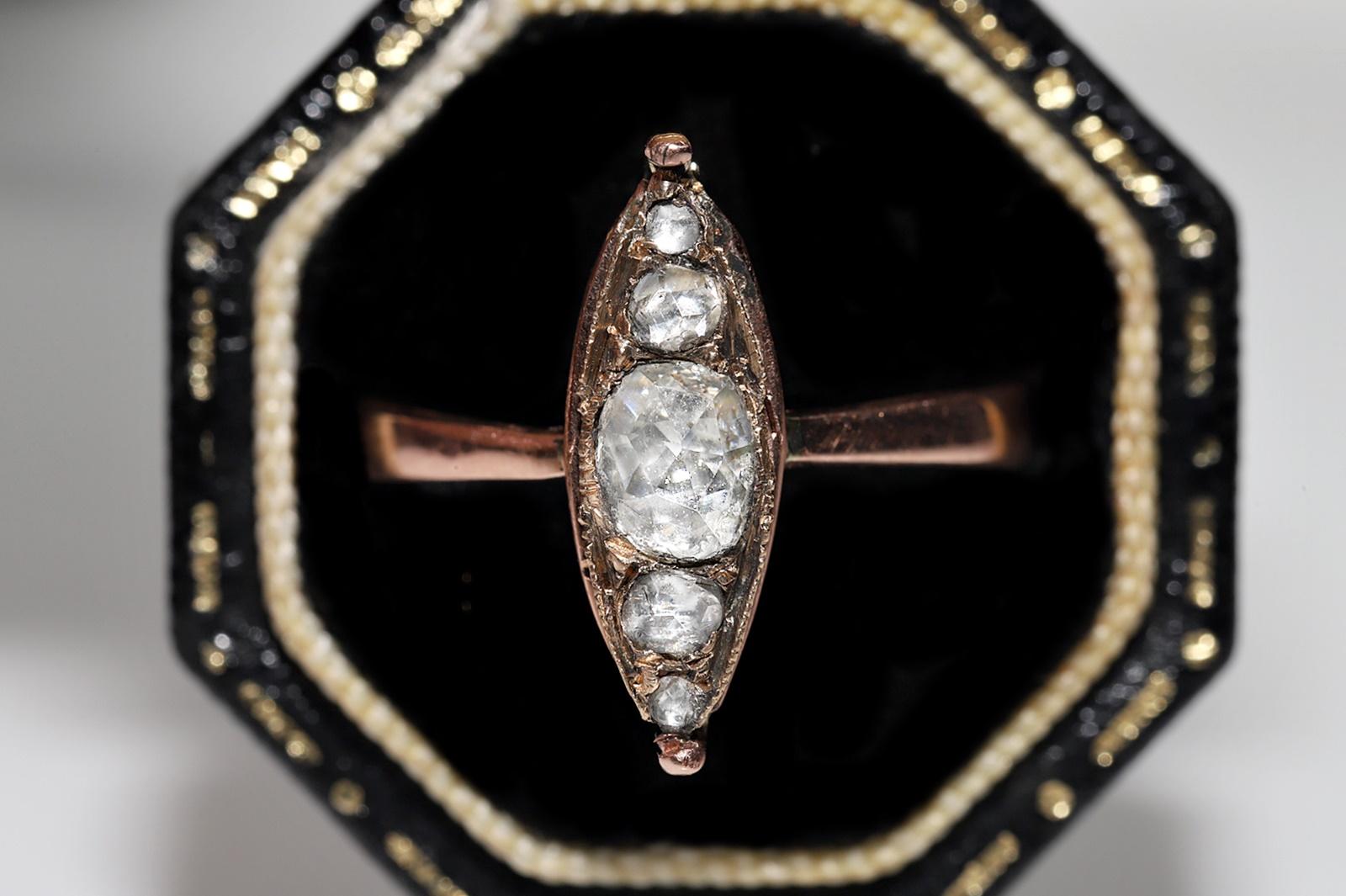 Women's Antique Circa 1900s 10K Gold Natural Rose Cut Diamond Navette Ring  For Sale