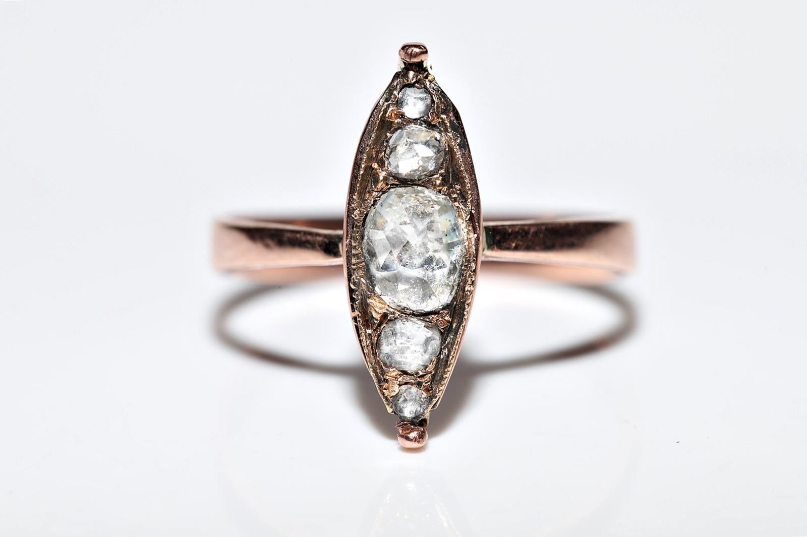 Antique Circa 1900s 10K Gold Natural Rose Cut Diamond Navette Ring  For Sale 2