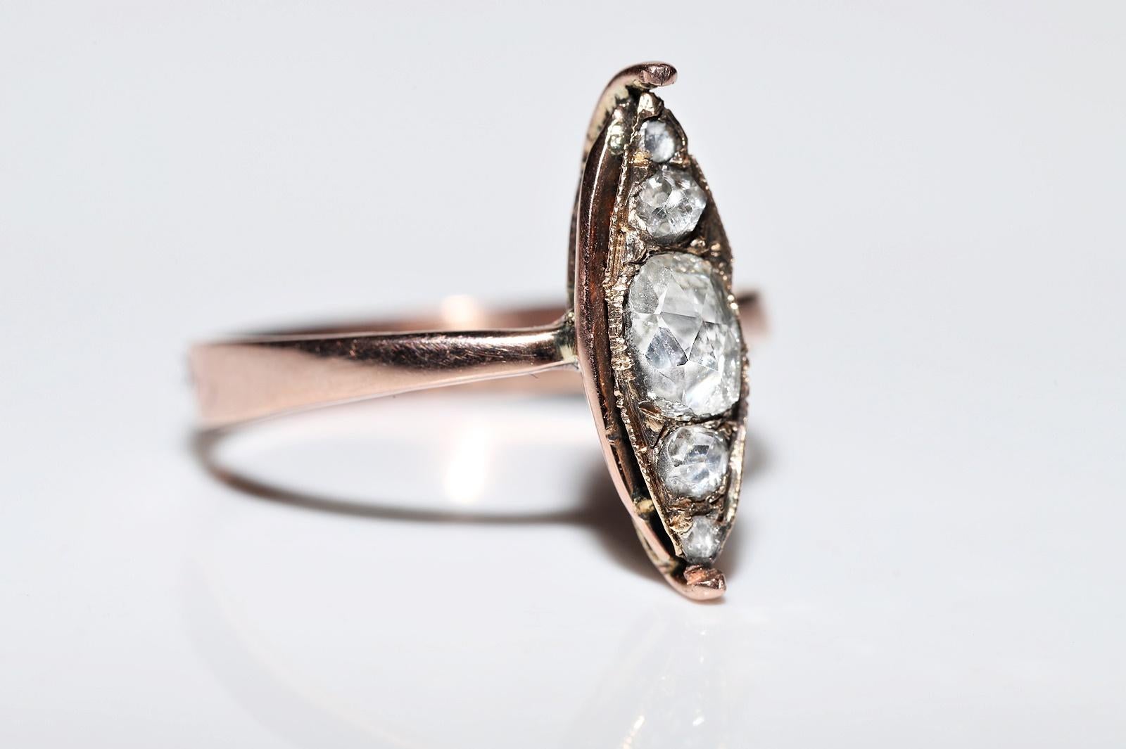 Antique Circa 1900s 10K Gold Natural Rose Cut Diamond Navette Ring  For Sale 4