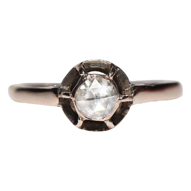 Bague solitaire ancienne des années 1900 en or 10 carats avec diamants naturels taille rose