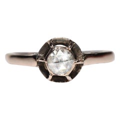 Bague solitaire ancienne des années 1900 en or 10 carats avec diamants naturels taille rose