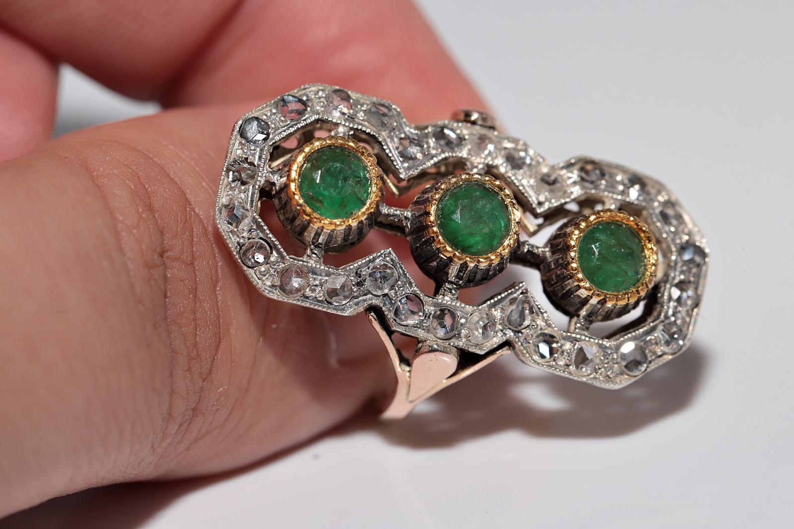 Antike CIRCA 1900s 10k Gold Top Silber natürlichen Rosenschliff und Smaragd Ring im Angebot 5