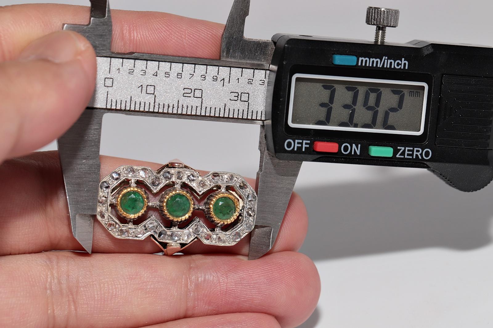 Antike CIRCA 1900s 10k Gold Top Silber natürlichen Rosenschliff und Smaragd Ring im Angebot 6