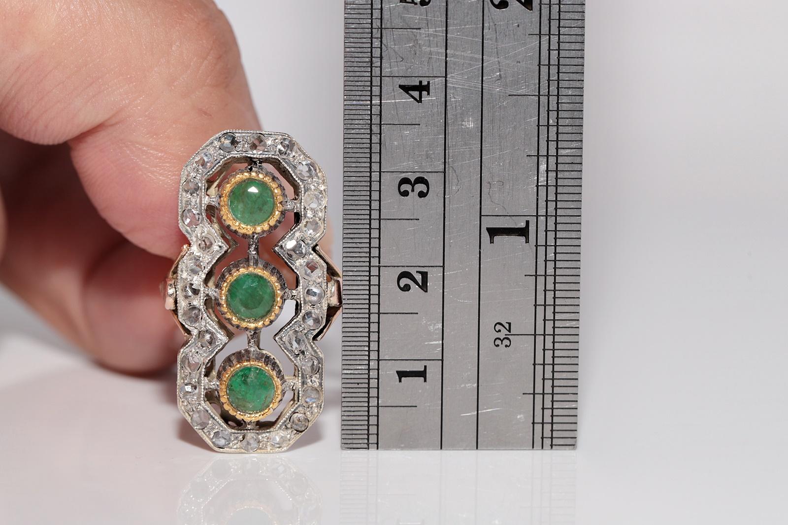 Antike CIRCA 1900s 10k Gold Top Silber natürlichen Rosenschliff und Smaragd Ring im Angebot 8