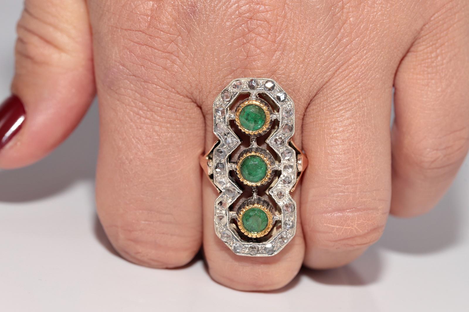 Antike CIRCA 1900s 10k Gold Top Silber natürlichen Rosenschliff und Smaragd Ring im Angebot 10