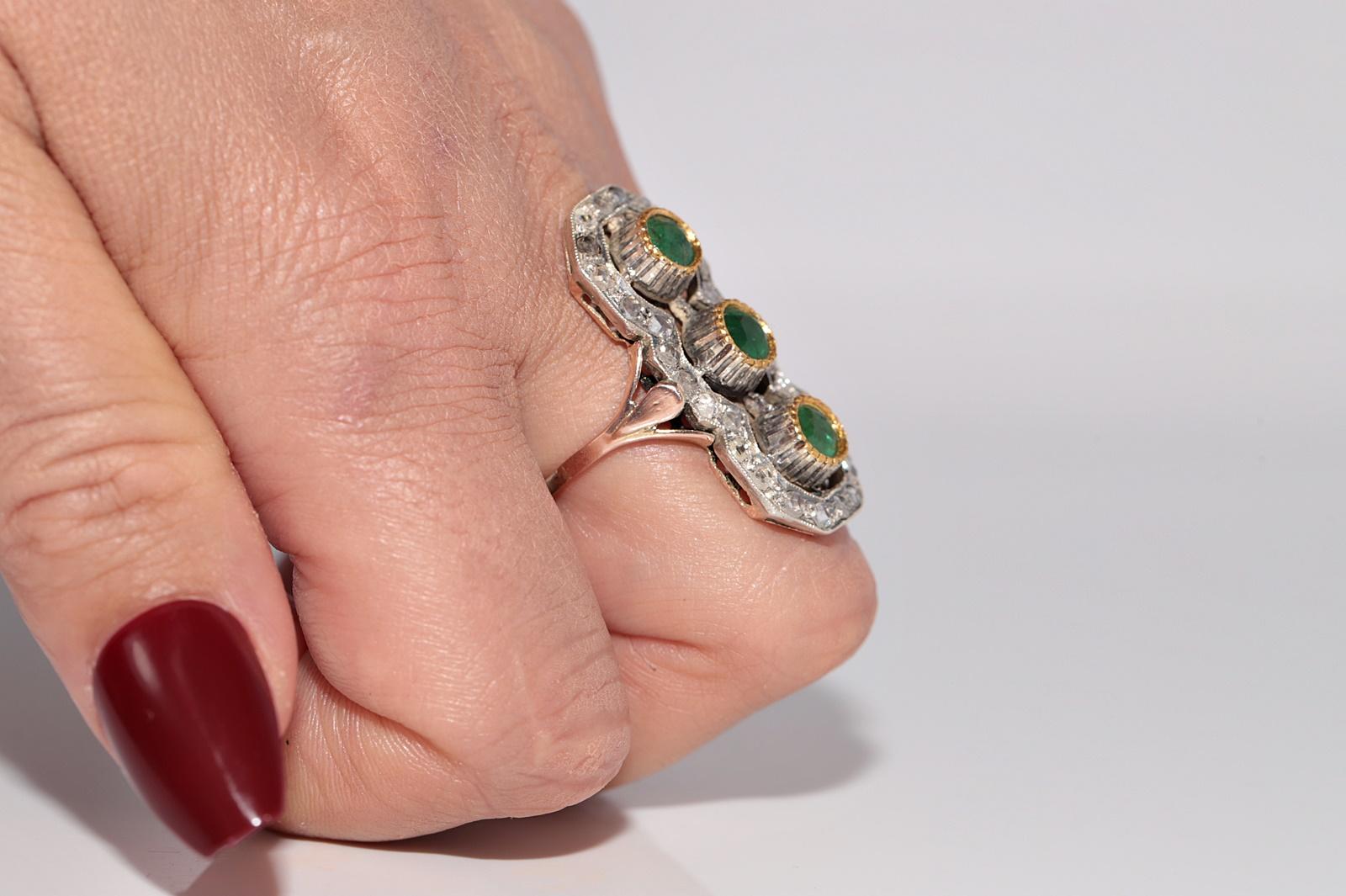 Antike CIRCA 1900s 10k Gold Top Silber natürlichen Rosenschliff und Smaragd Ring im Angebot 11