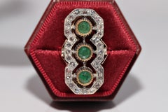 Antique Circa 1900s 10k Gold Top Silver Natural Rose Cut And Emerald Ring
