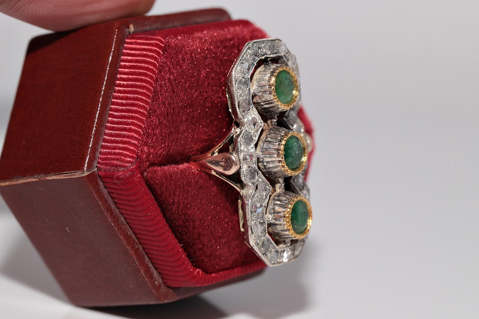 Antike CIRCA 1900s 10k Gold Top Silber natürlichen Rosenschliff und Smaragd Ring (Viktorianisch) im Angebot