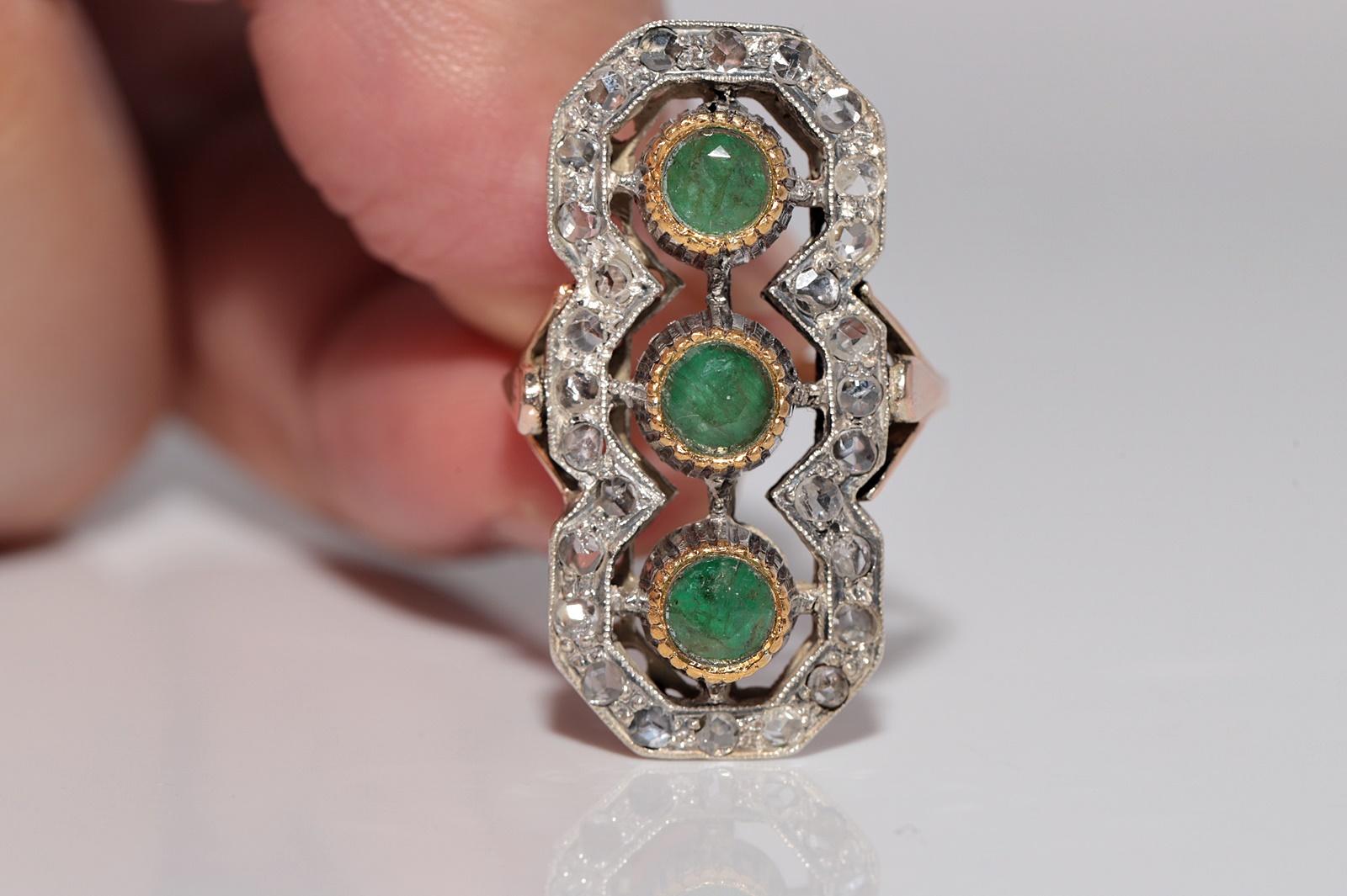 Antike CIRCA 1900s 10k Gold Top Silber natürlichen Rosenschliff und Smaragd Ring im Zustand „Gut“ im Angebot in Fatih/İstanbul, 34
