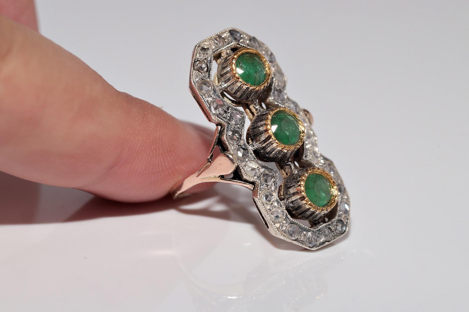 Antike CIRCA 1900s 10k Gold Top Silber natürlichen Rosenschliff und Smaragd Ring Damen im Angebot
