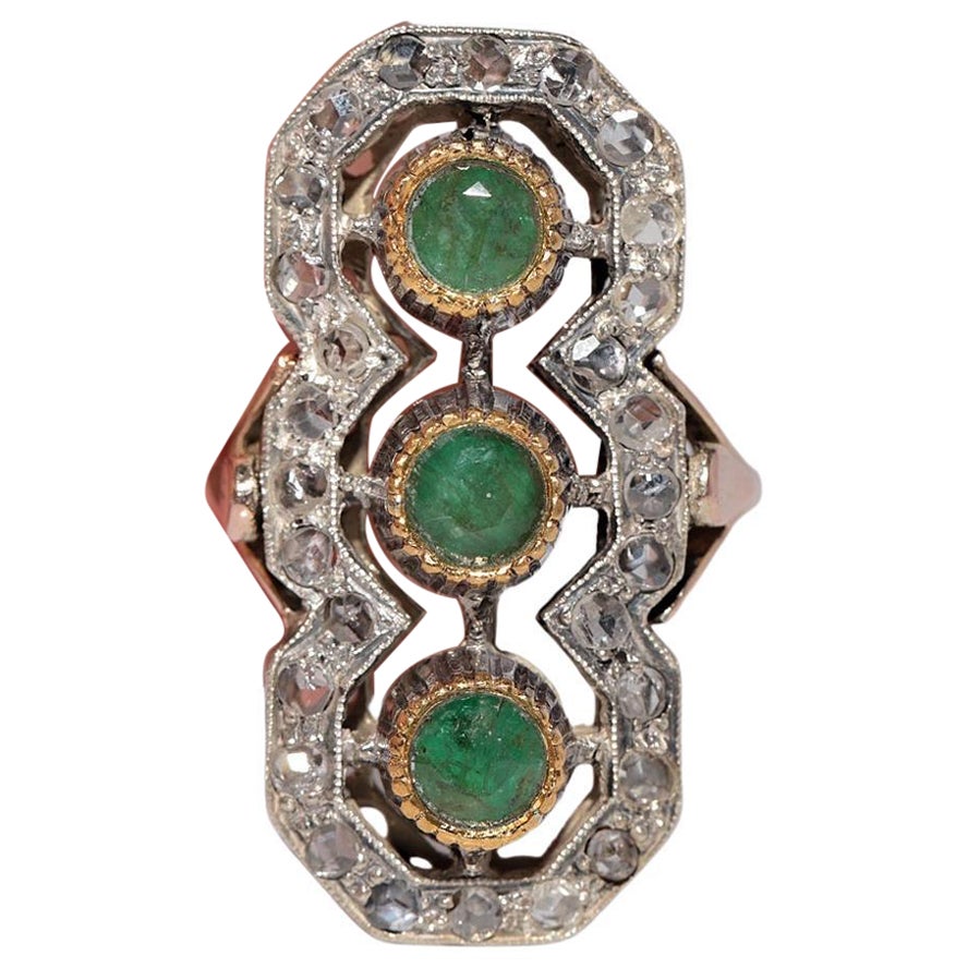 Antique Circa 1900s 10k Gold Top Silver Natural Rose Cut And Emerald Ring