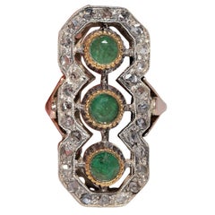 Antique Circa 1900s 10k Gold Top Silver Natural Rose Cut And Emerald Ring